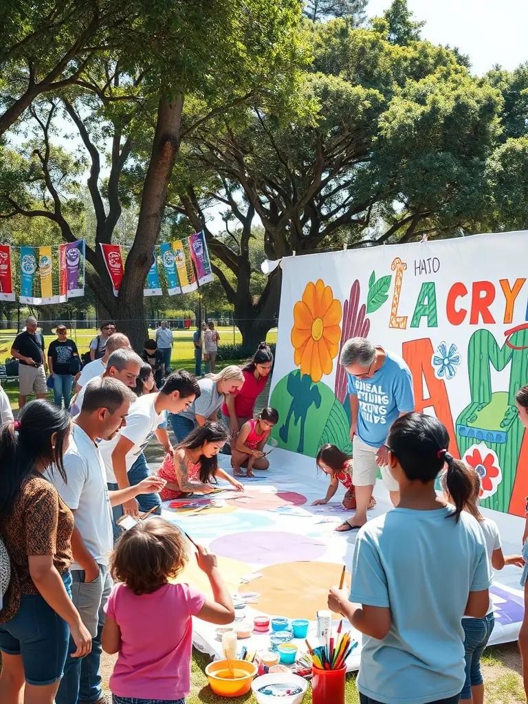 A photograph depicting a community outreach event organized by LE ZEF, showing volunteers and participants collaborating on an art project in a public space, promoting social inclusion.
