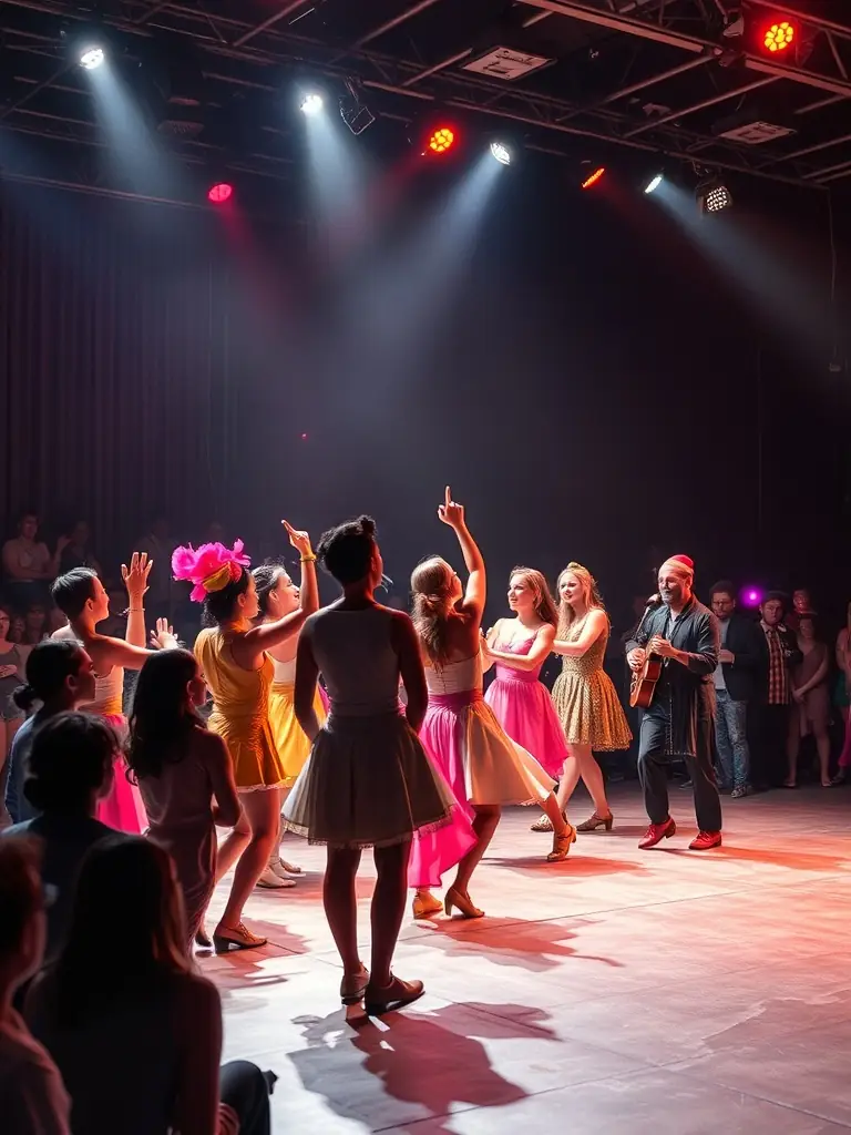 A vibrant photograph capturing a scene from one of LE ZEF's multidisciplinary performances, showcasing the fusion of dance, music, and visual arts, with diverse audience members engaged in the experience.