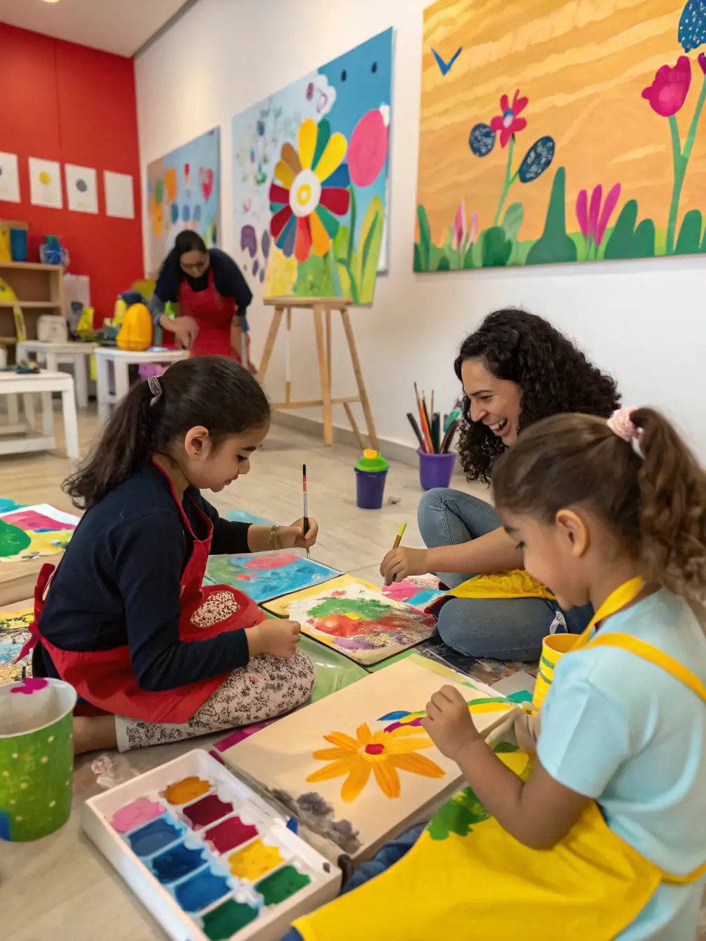 A group of young participants engaged in an interactive art workshop at LE ZEF, with instructors guiding them through creative activities.