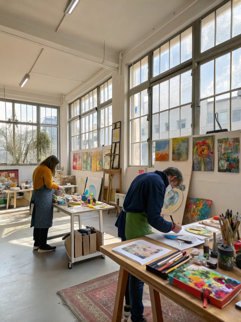 A high-quality image of artists in residence at LE ZEF working on a collaborative project, showcasing the organization's support for artistic research and production.