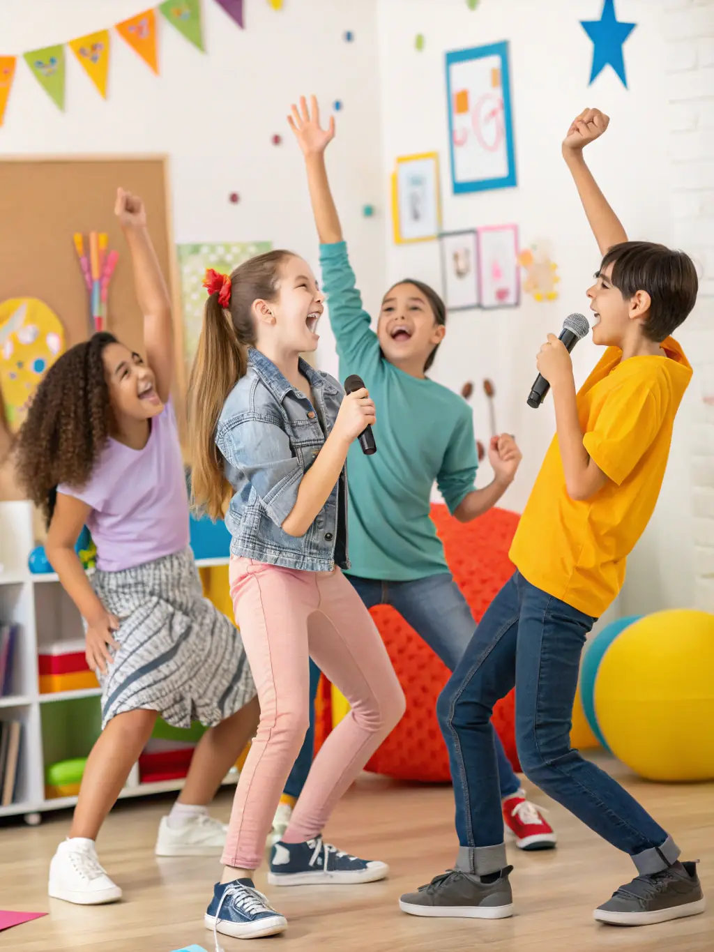 A group of young participants actively engaged in a LE ZEF workshop focused on creative expression through theater, with a facilitator guiding them in an improvisational exercise.